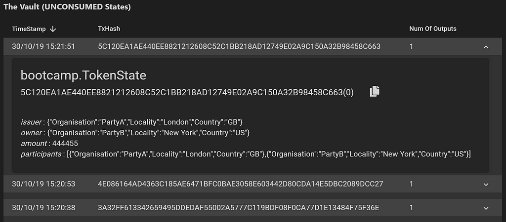 Displays details of states in a transaction