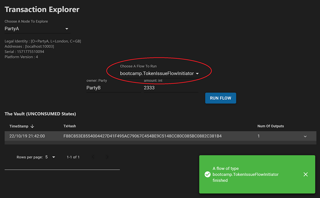 Starting a flow with the Corda Transaction Explorer