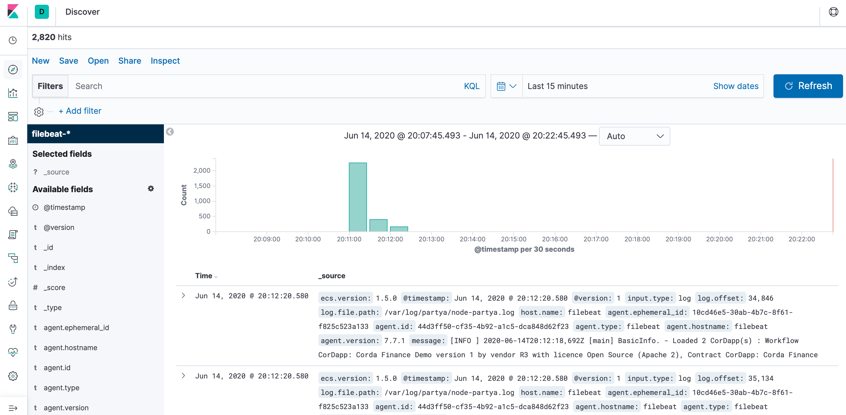 Kibana Discover viewing log files from Corda nodes