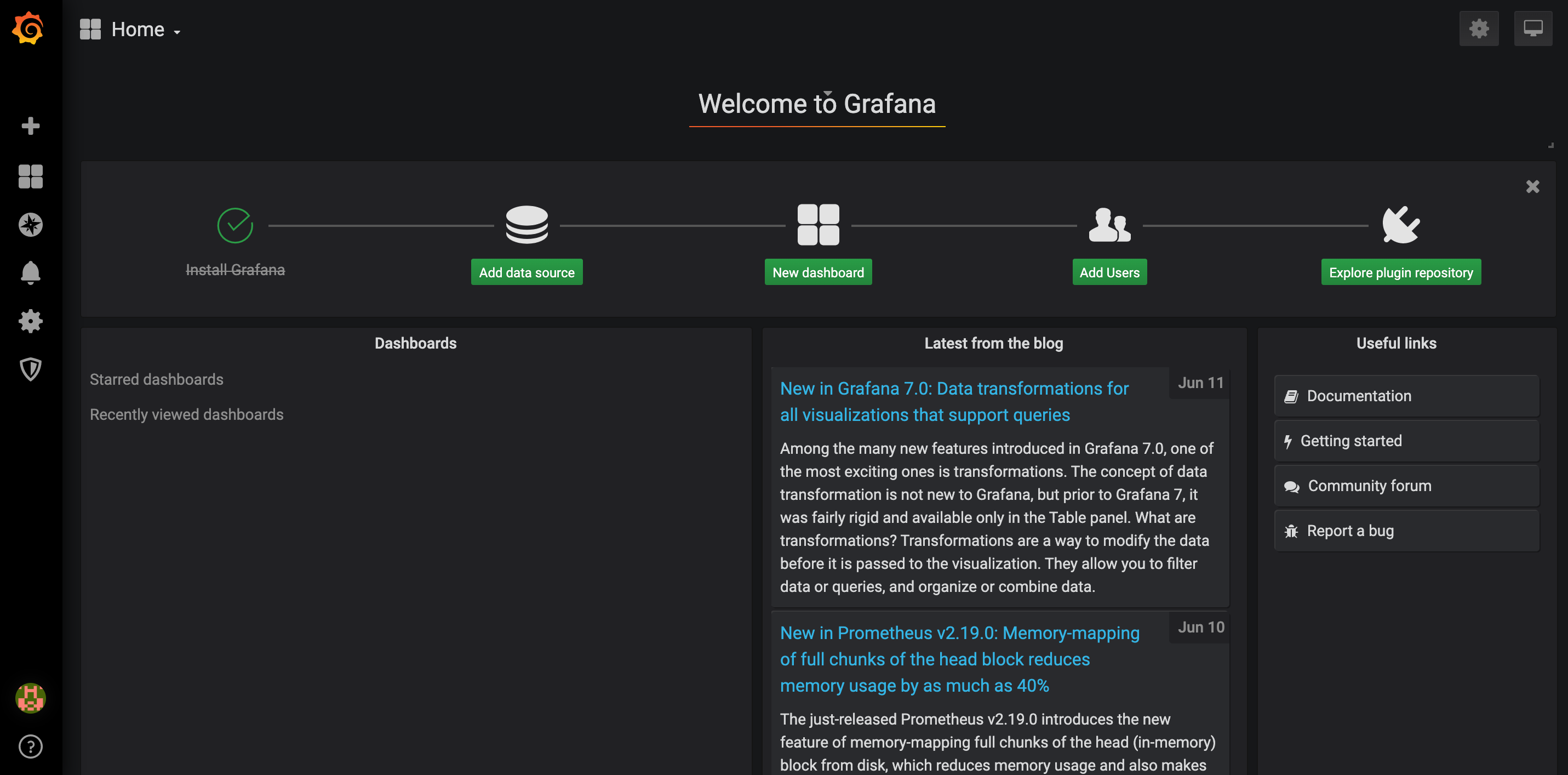 Grafana homepage after logging in for the first time